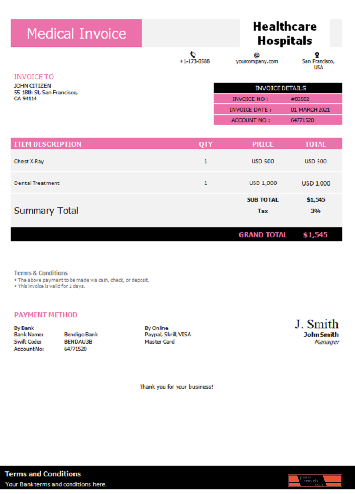 USA Healthcare Hospitals invoice PSD template